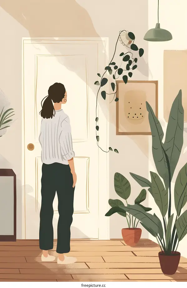 Woman Standing In Front Of Door With Plants