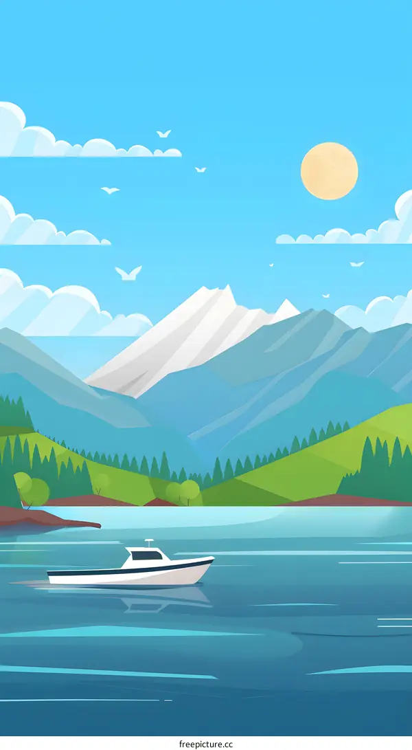 Boat on the Lake with Mountain View Illustration