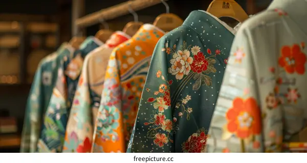 A rack of traditional Japanese kimono with floral patterns.