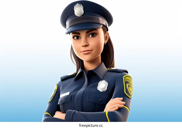 A policewoman with brown hair and brown eyes wearing a police uniform and a police hat.