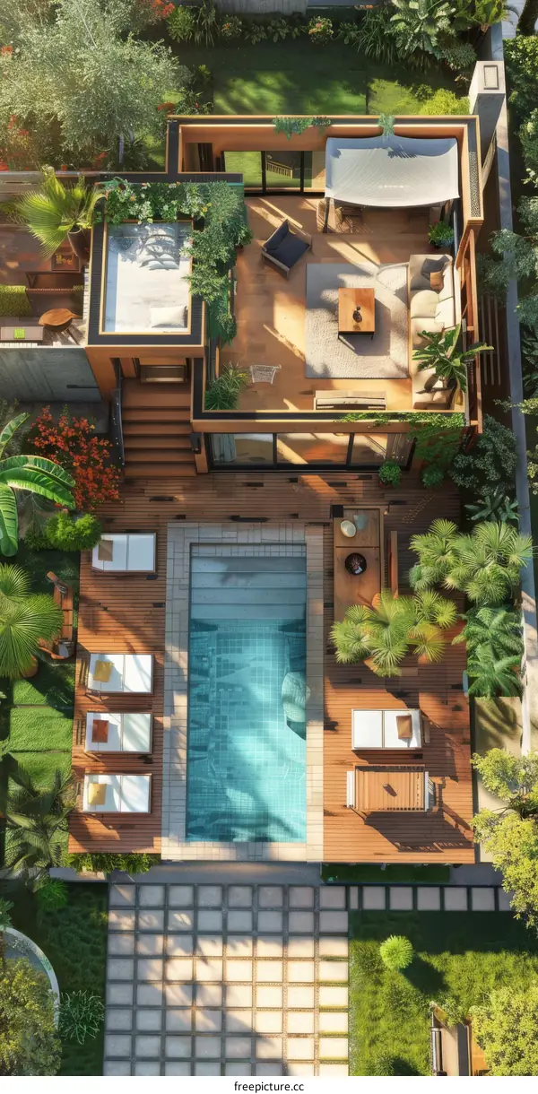 Aerial View of a Luxurious Home With Pool and Deck