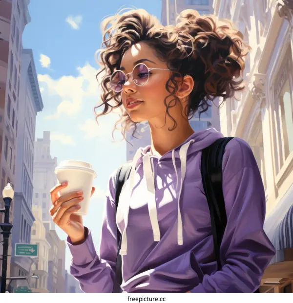 A young woman with curly hair is drinking coffee on the street