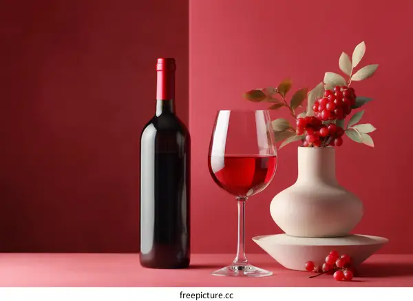 Red Wine Still Life with Vase and Berries
