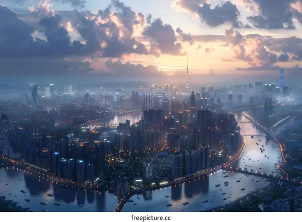 Sunrise over Futuristic Cityscape Panorama
