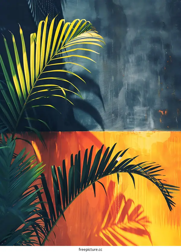Green Palm Leaves Against a Blue and Orange Wall