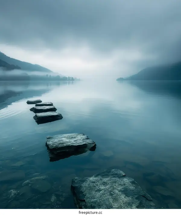 Path of Stones in Misty Lake with Distant Mountains