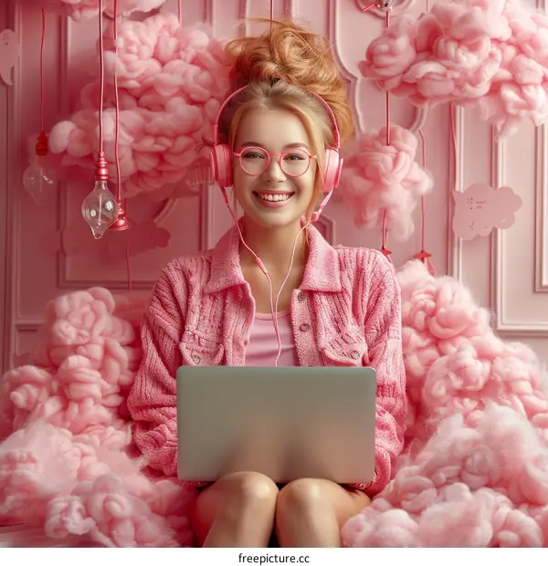 Young Woman Enjoying Music and Technology in a Whimsical Pink Setting