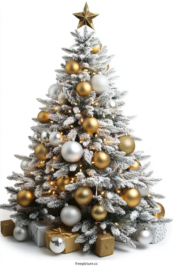 Snowy Christmas Tree with Gold and Silver Ornaments