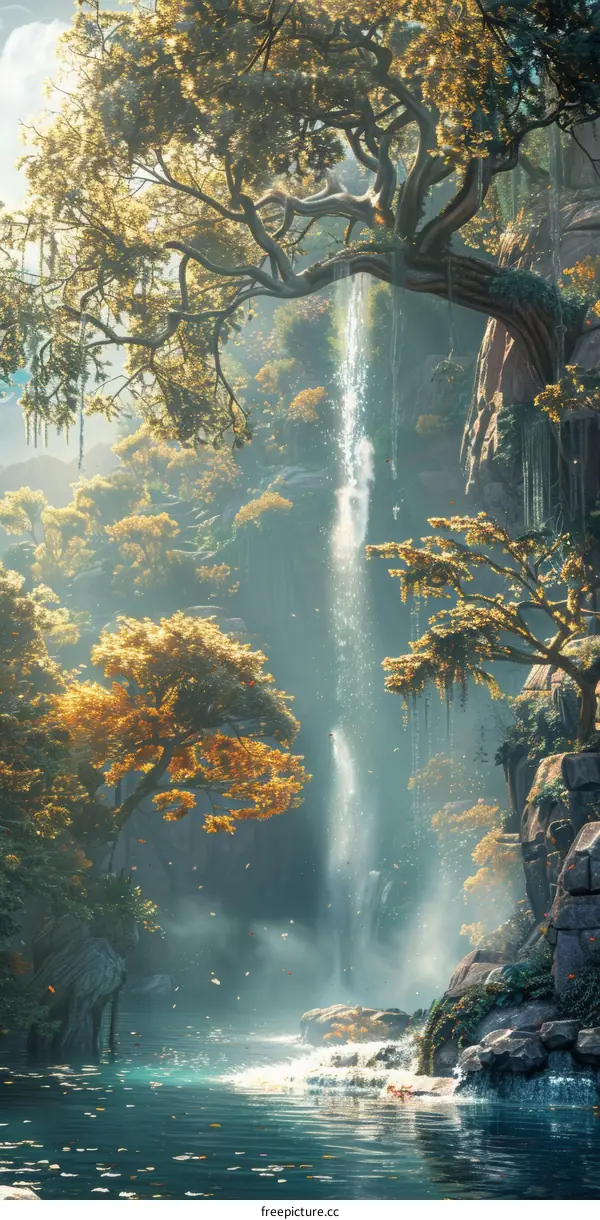 Misty Waterfall Cliff Edge Fantasy Landscape
