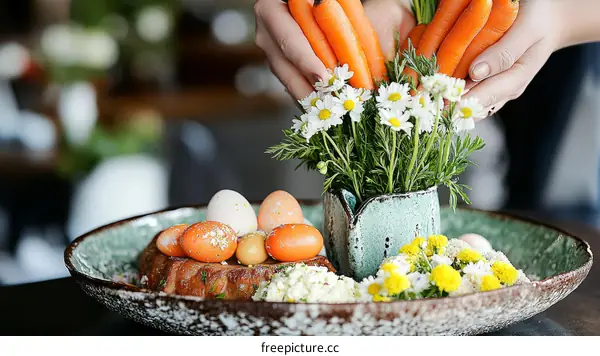 Easter Festive Arrangement with Painted Eggs and Carrots