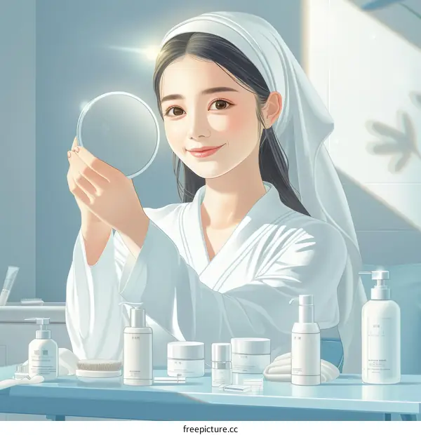 Asian woman looking in mirror happy with skincare routine and products