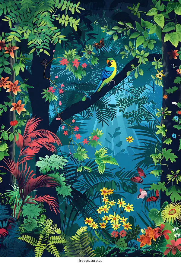 Tropical Rainforest Illustration with Colorful Flowers and Birds