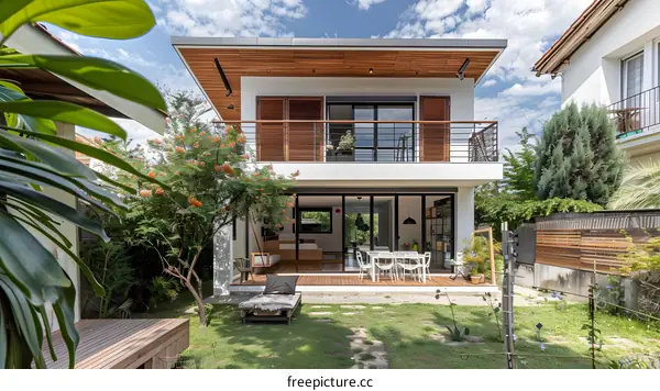 Modern House with a Large Backyard and Wooden Deck