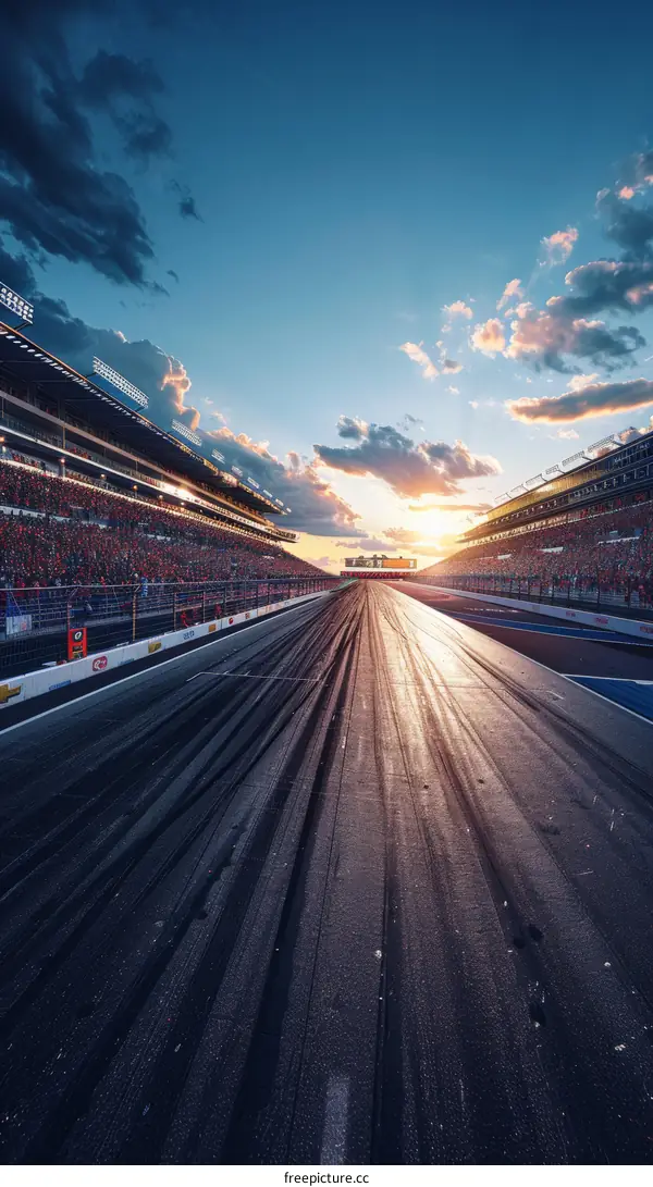 Empty race track with stadium seating under sunset sky