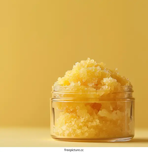 Close-up of a jar of yellow body scrub