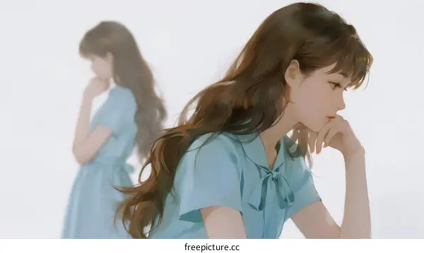 Two young women with long hair in blue dresses, pensive expressions