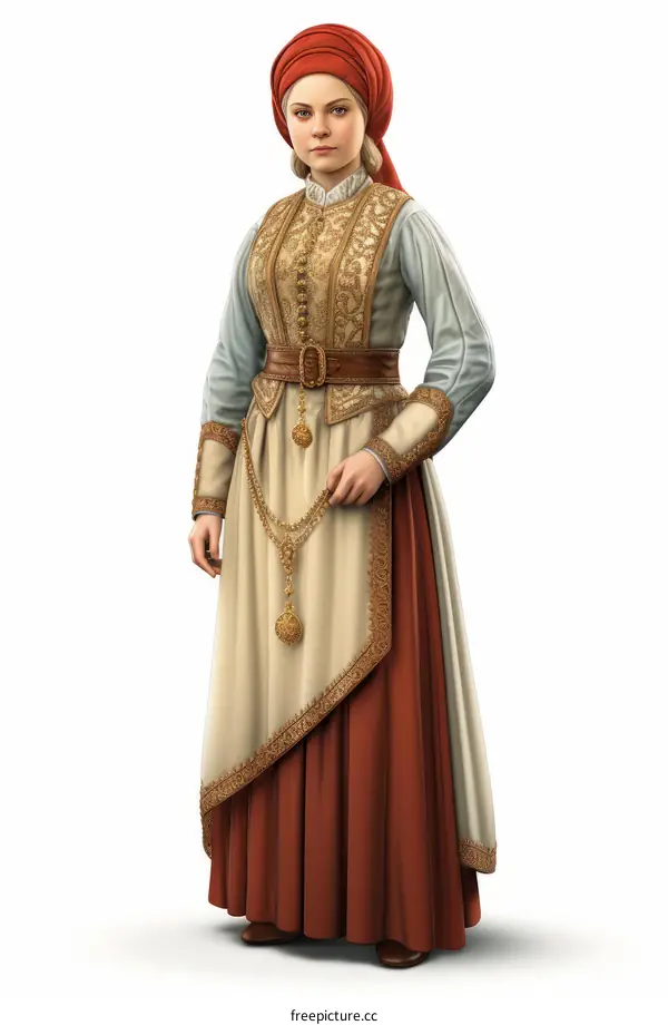 A young woman in a red and gold traditional Eastern European dress
