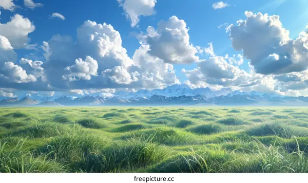 Vast Green Meadow with Majestic Mountains
