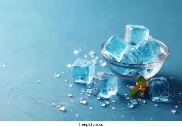 Blue Ice Cubes in a Glass Bowl