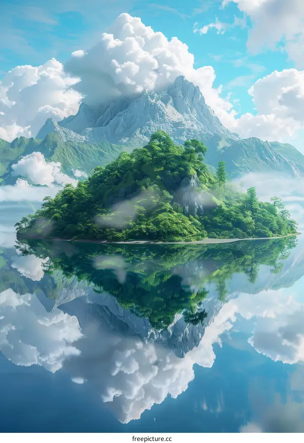 Mirrored Mountain Island Landscape with Clouds