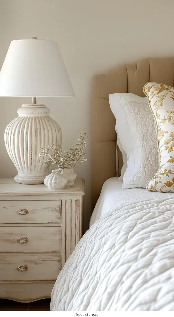 White Bedroom with Vintage Furniture and Soft Lighting