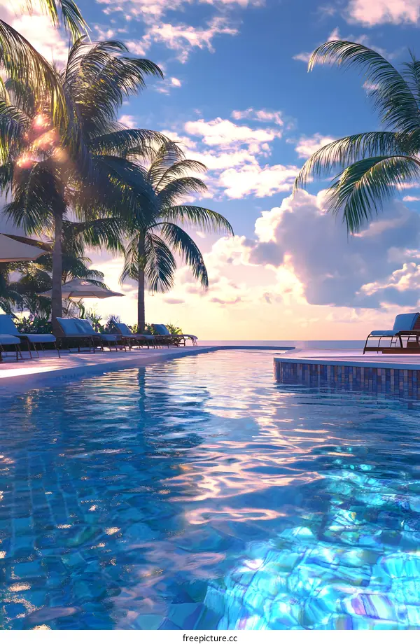 Tropical Sunset Pool Scene with Palm Trees and Blue Water
