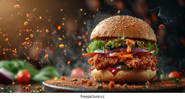 Crispy fried chicken sandwich with lettuce, tomato, onion, and pickles