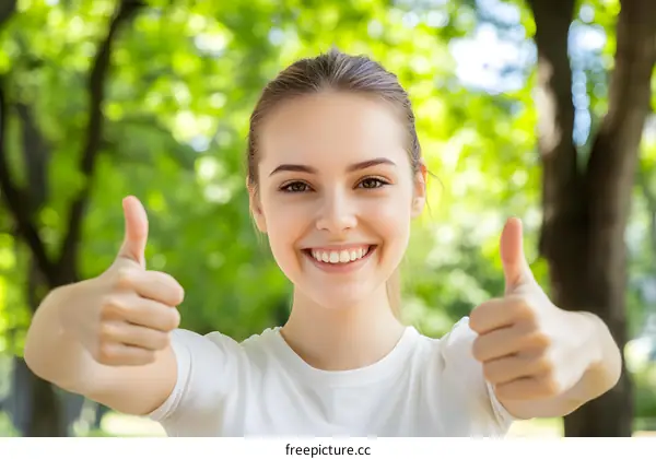 Smiling Woman Giving Thumbs Up Outdoors