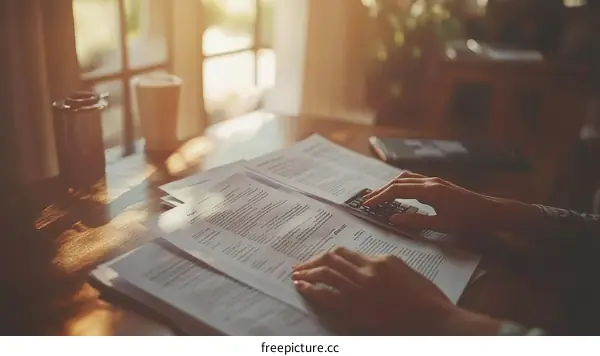 Woman Calculating with Documents at Home