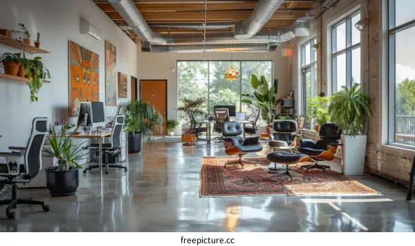 Modern Industrial Loft Workspace with Natural Light and Greenery