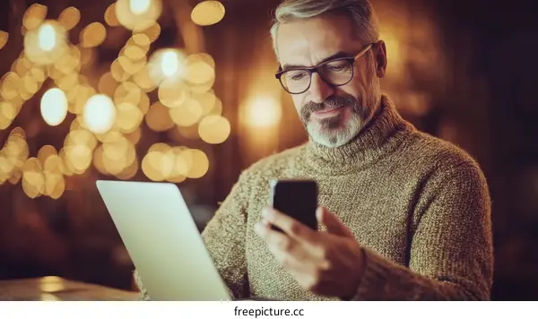 Mature Caucasian Man Using Laptop and Smartphone in Cafe