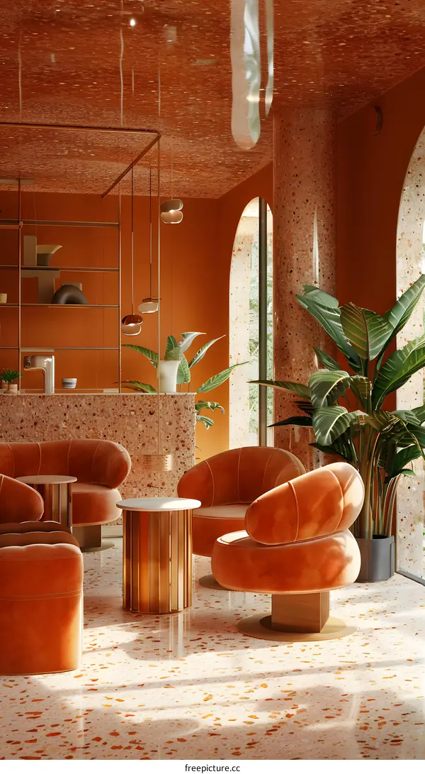 Modern Interior Design with Terrazzo Floor and Orange Walls