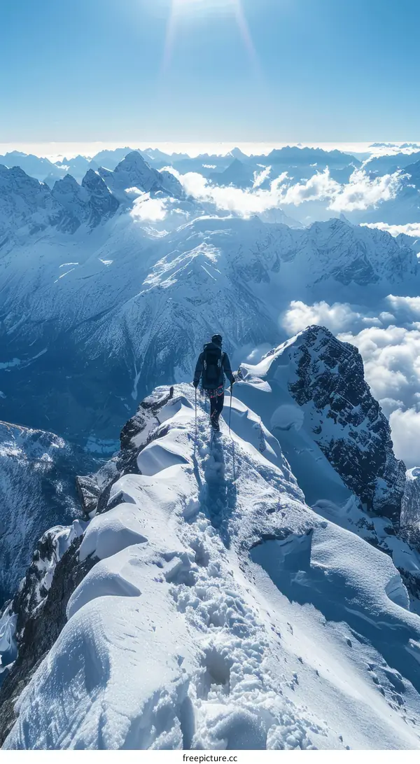 A lone mountaineer traverses a snowy ridge