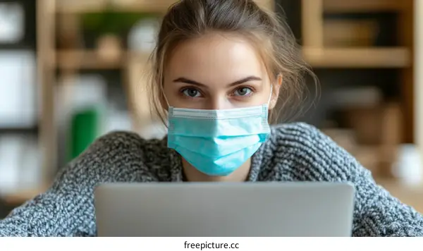 Woman Working on Laptop with Protective Mask