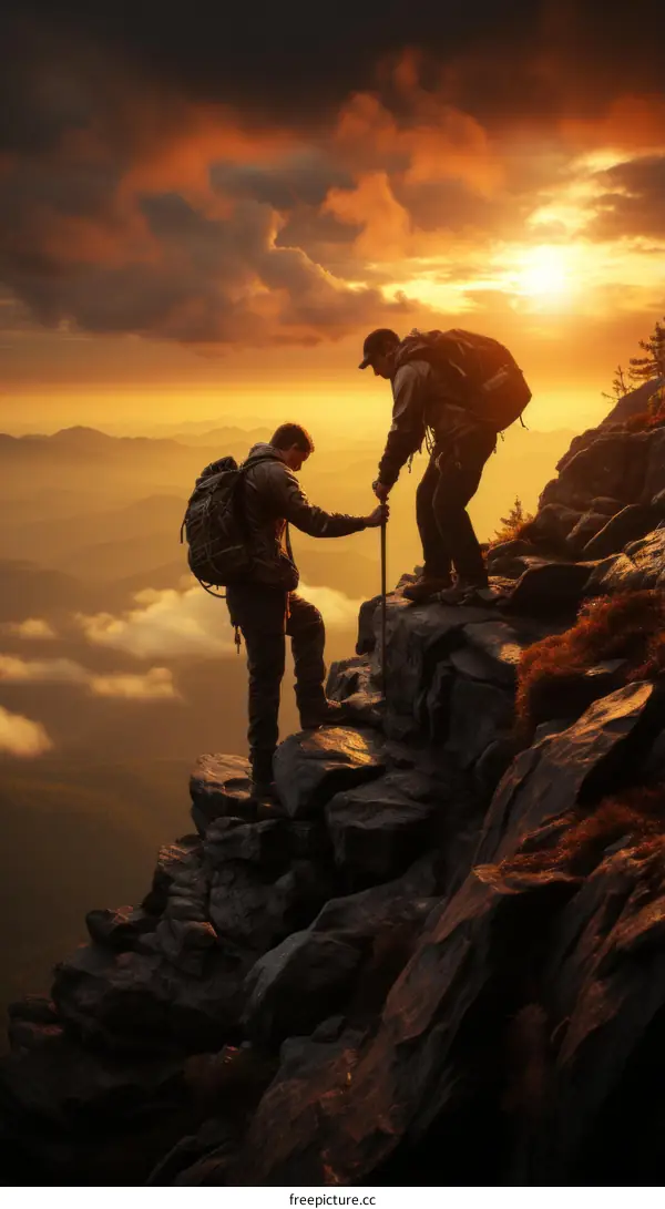 Two hikers helping each other on a mountain peak during a beautiful sunset
