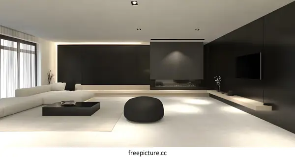 Minimalist Living Room Interior Design With Black Walls And A Modern Fireplace