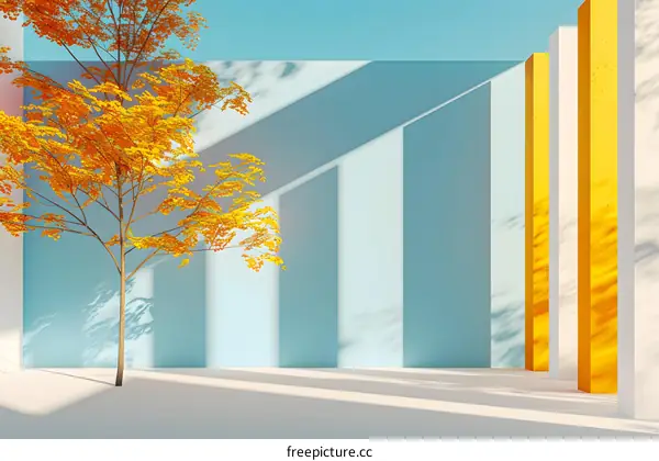 Autumn Leaves Minimalist Design, Blue Wall With White and Yellow Pillars