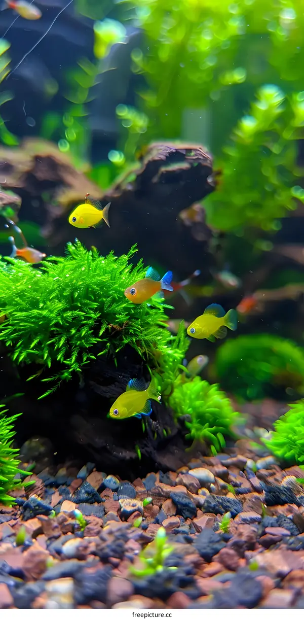 Colorful Fish Swimming in a Green Aquarium
