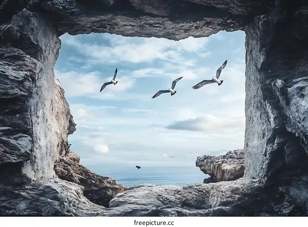 Seagull flying through a rock window