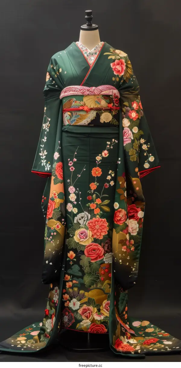 A woman wearing a green kimono with red and pink flowers