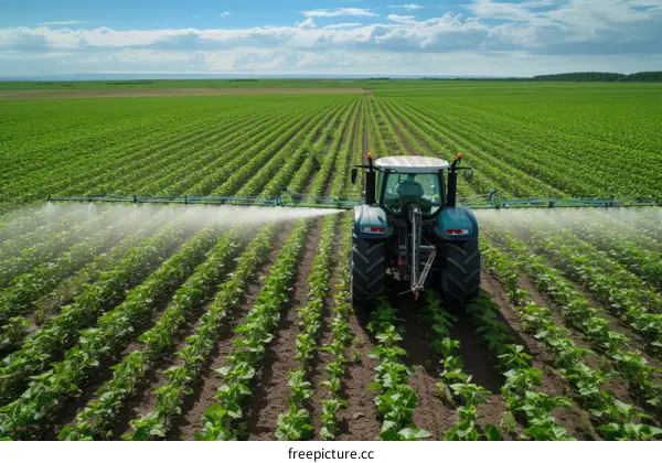 Tractor spraying pesticides on soy field