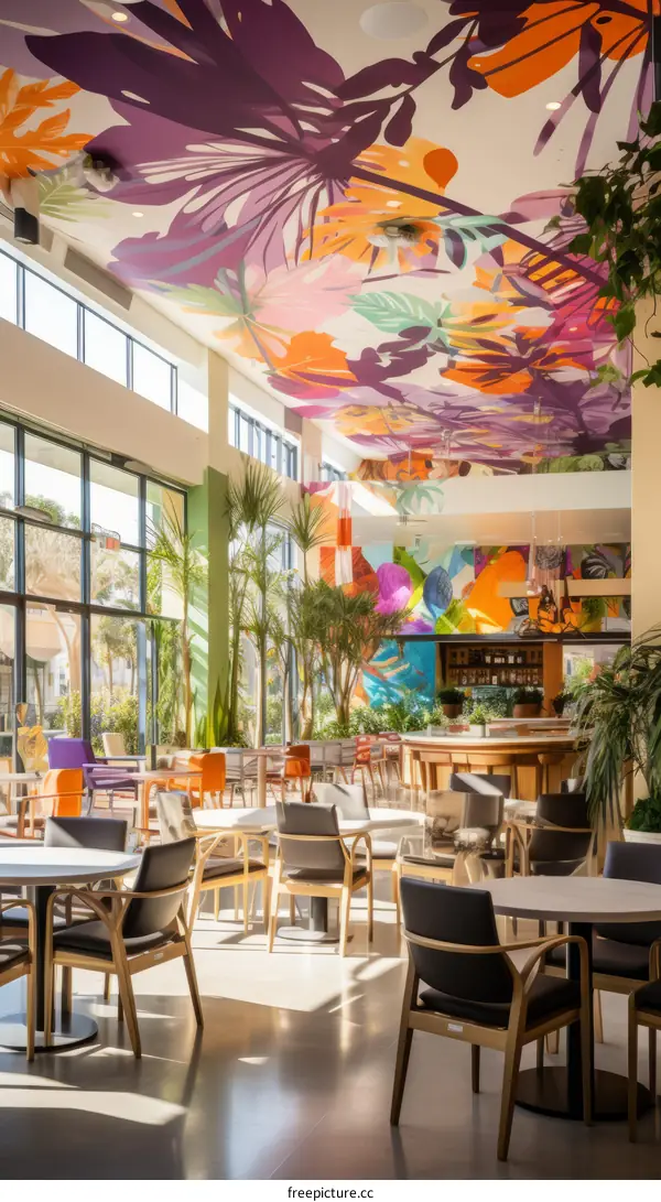 Vibrant Tropical Restaurant Interior with Colorful Ceiling Mural