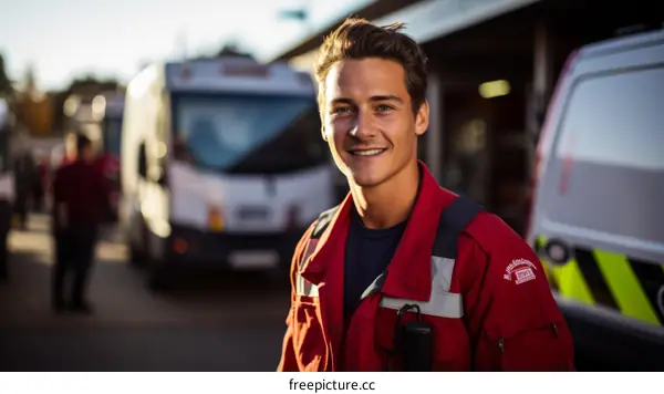 Portrait of a smiling young male paramedic in uniform standing in front of an ambulance