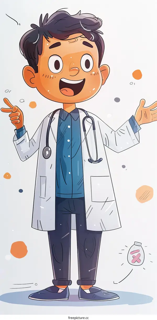 Cartoon illustration of a smiling male doctor in a lab coat