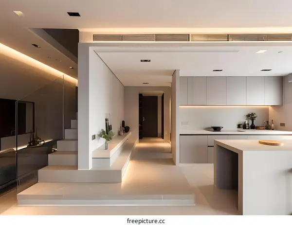 Modern Minimalist Kitchen and Hallway Interior Design with Grey Cabinets and White Walls