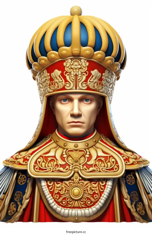 Portrait of a man wearing an elaborate crown and red cape