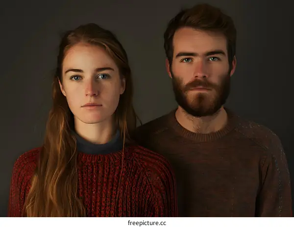 Young Couple Portrait with Serious Expressions and Casual Outfits