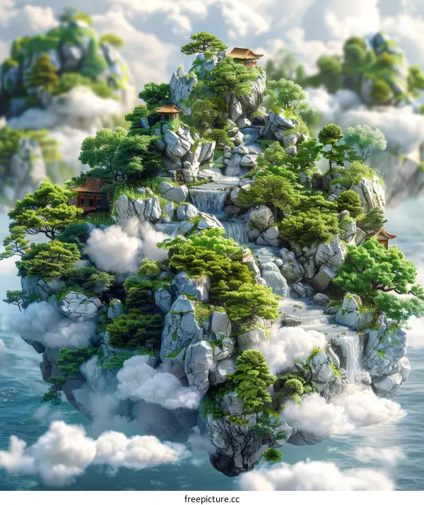 Floating Island Paradise with Waterfalls and Temples