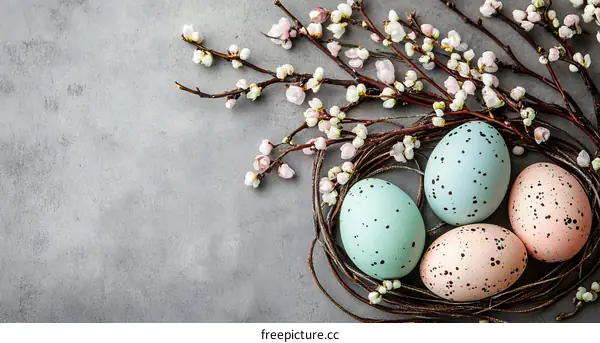 Easter Eggs in a Nest with Spring Blossoms