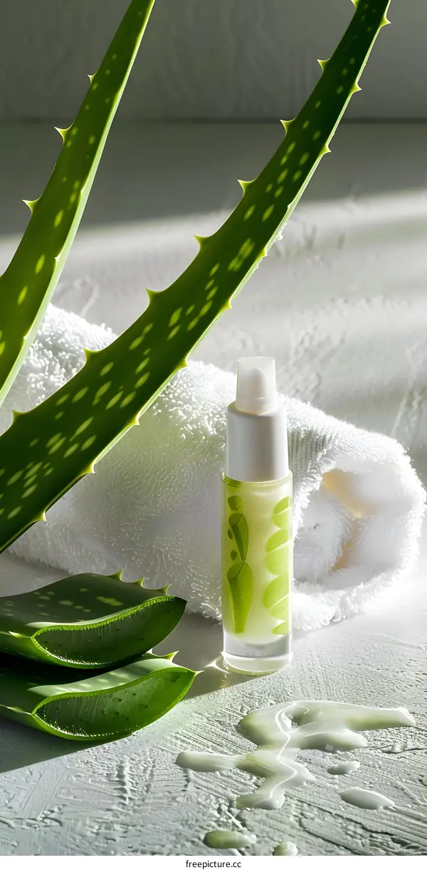 Aloe Vera Leaves and Cream on a White Towel